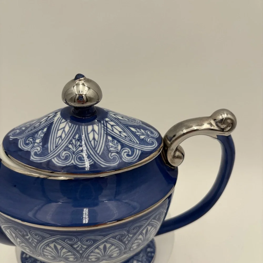 Bombay Blue White Silver Trim‎ Ceramic Teapot Decorative VTG